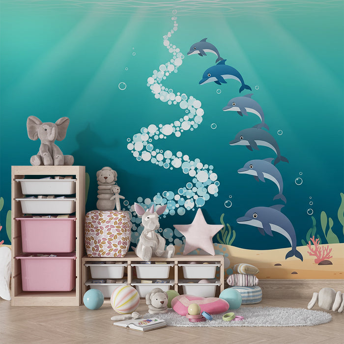 Kinderzimmer-Tapete | Spielende Delfine und bunte Unterwasserwelten
