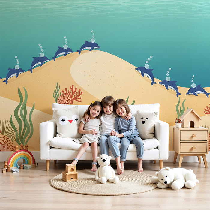Kinderzimmer-Tapete | Spielende Delfine und bunte Korallenriffe