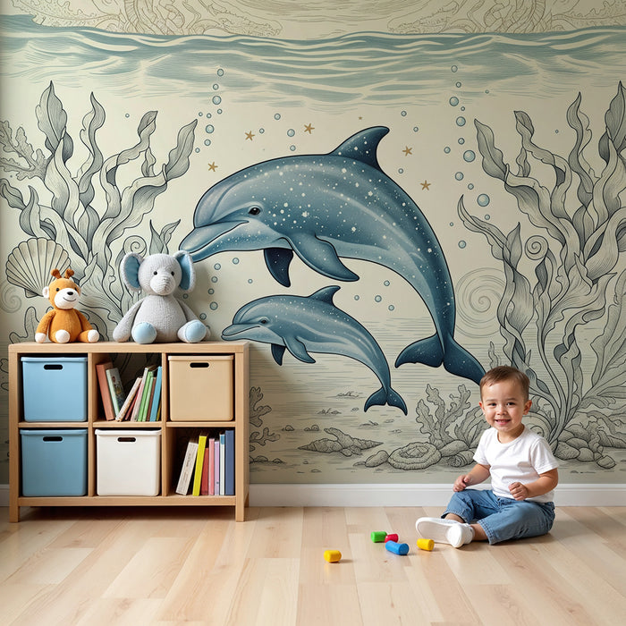 Papel pintado infantil | Delfines juguetones y vegetación marina relajante