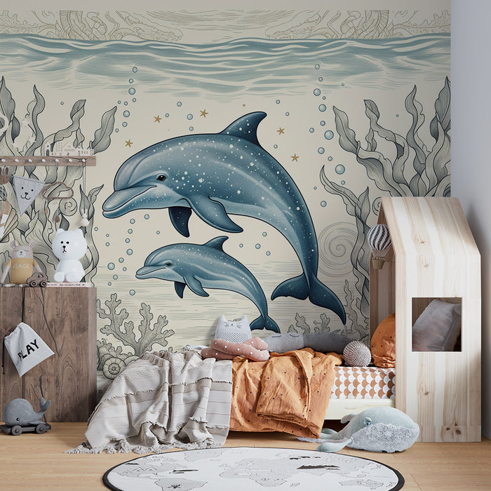 Papel pintado infantil | Delfines juguetones y vegetación marina relajante