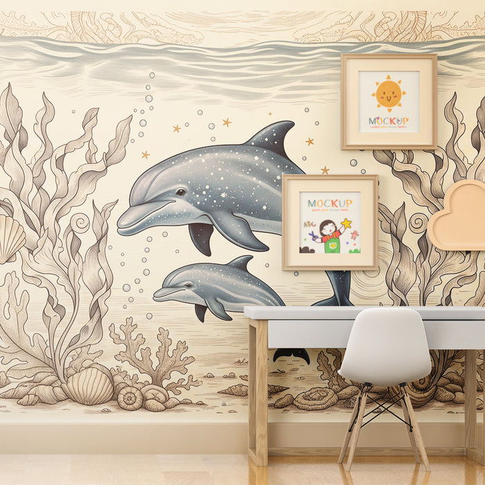 Papel pintado infantil | Delfines juguetones y vegetación marina relajante