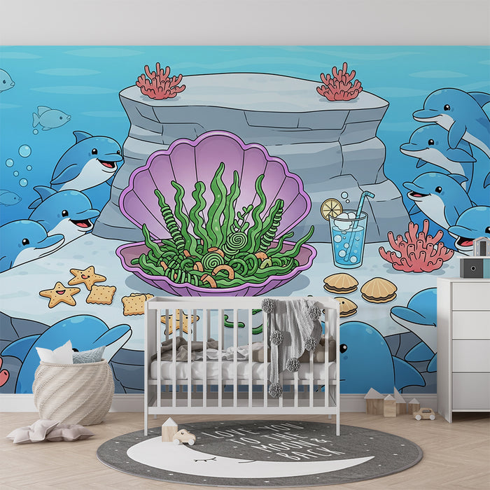 Kinderzimmer-Tapete | Fröhliche Delfine beim Unterwasserfest