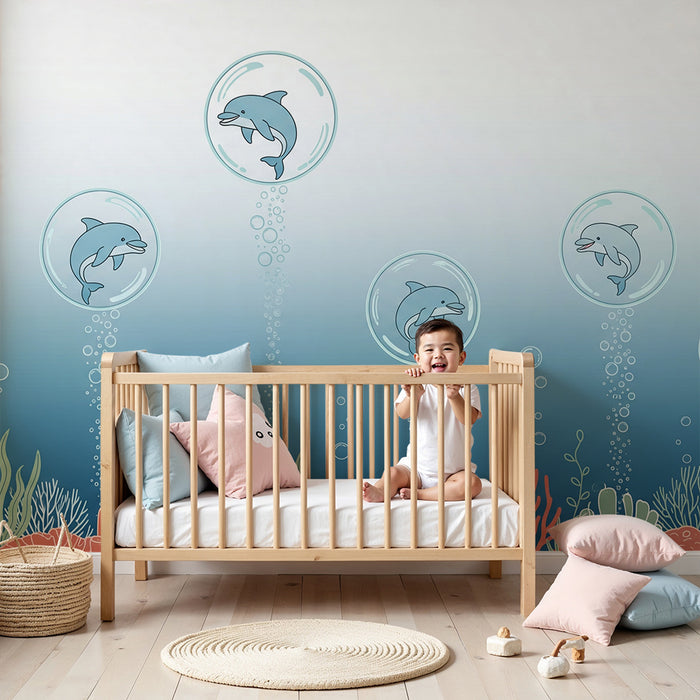 Kinderzimmer Tapete | Lustige Delfine in Unterwasserblasen
