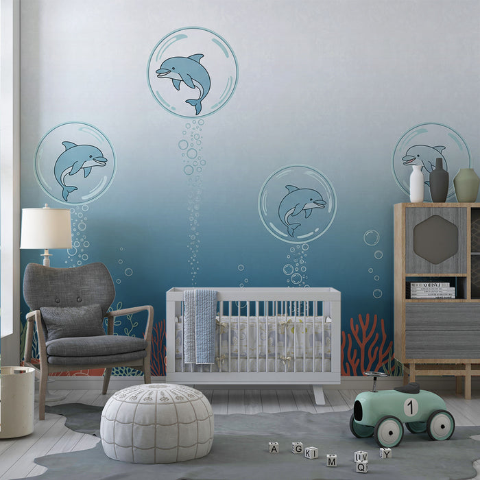 Kinderzimmer Tapete | Lustige Delfine in Unterwasserblasen