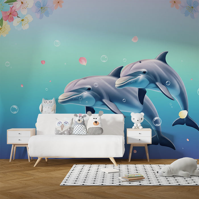 Papel pintado infantil | Delfines juguetones en un océano lleno de color y flores
