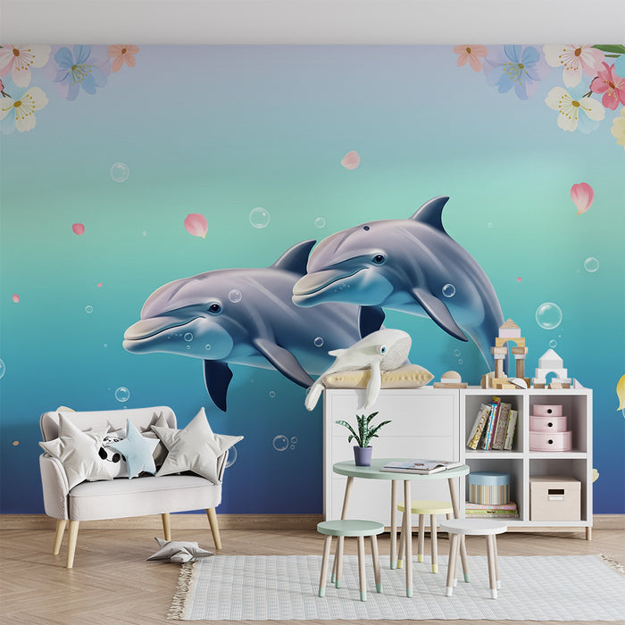 Papel pintado infantil | Delfines juguetones en un océano lleno de color y flores