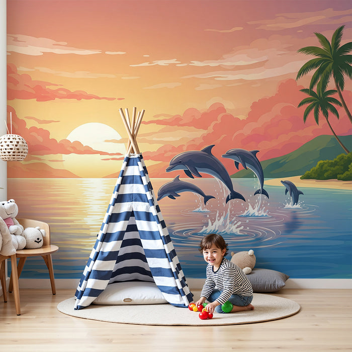 Tapete Kinderzimmer | Delfine springen bei Sonnenuntergang an einem tropischen Strand