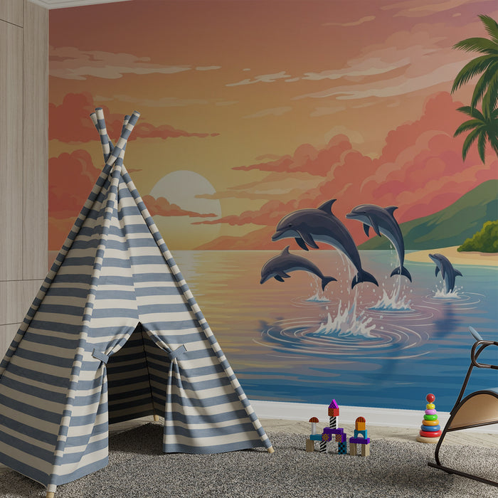 Tapete Kinderzimmer | Delfine springen bei Sonnenuntergang an einem tropischen Strand