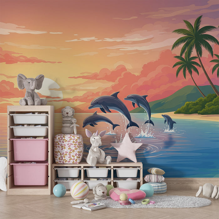 Tapete Kinderzimmer | Delfine springen bei Sonnenuntergang an einem tropischen Strand