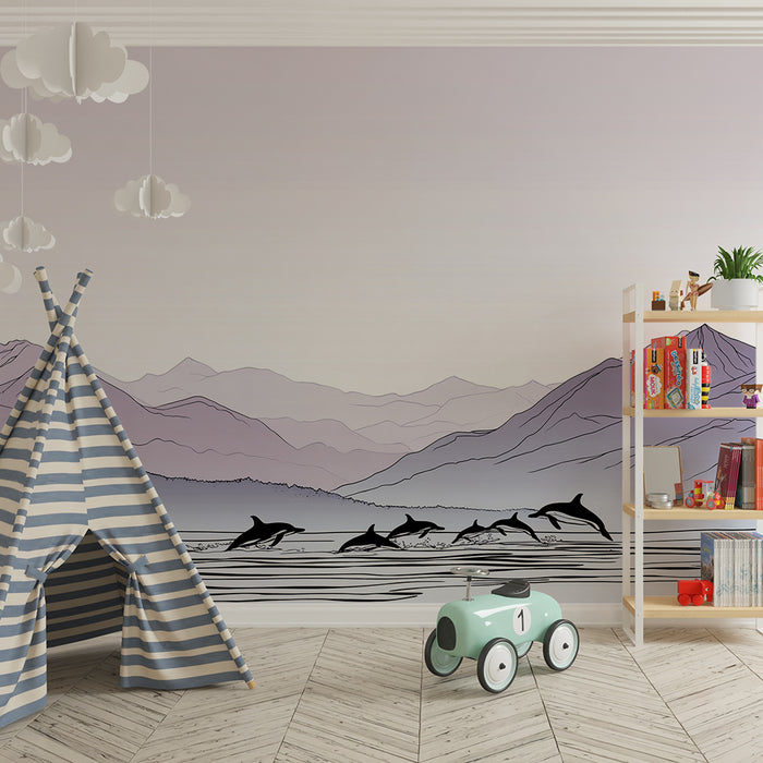 Papel pintado infantil | Delfines saltando en un mar tranquilo con montañas al fondo