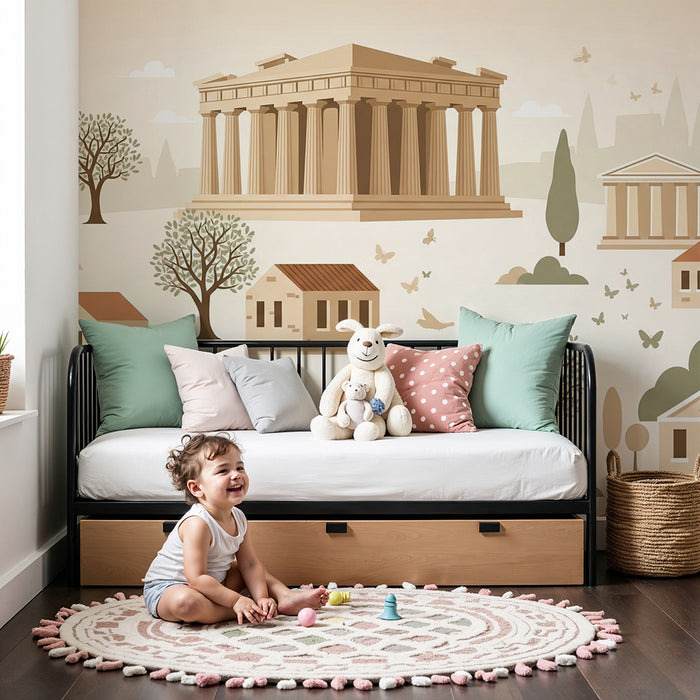 Behang kinderkamer | Architectonisch decor geïnspireerd op de oudheid met huizen en bomen