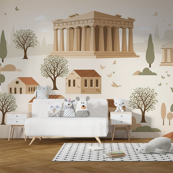 Behang kinderkamer | Architectonisch decor geïnspireerd op de oudheid met huizen en bomen