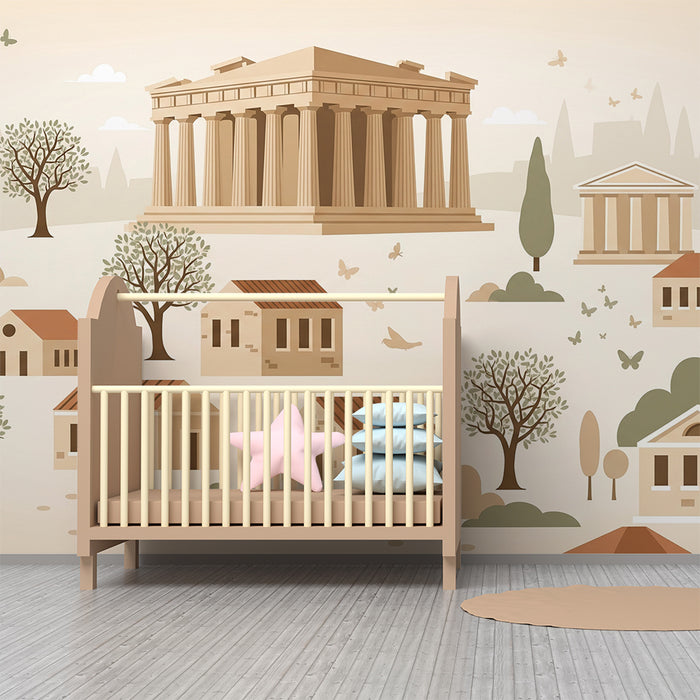 Behang kinderkamer | Architectonisch decor geïnspireerd op de oudheid met huizen en bomen