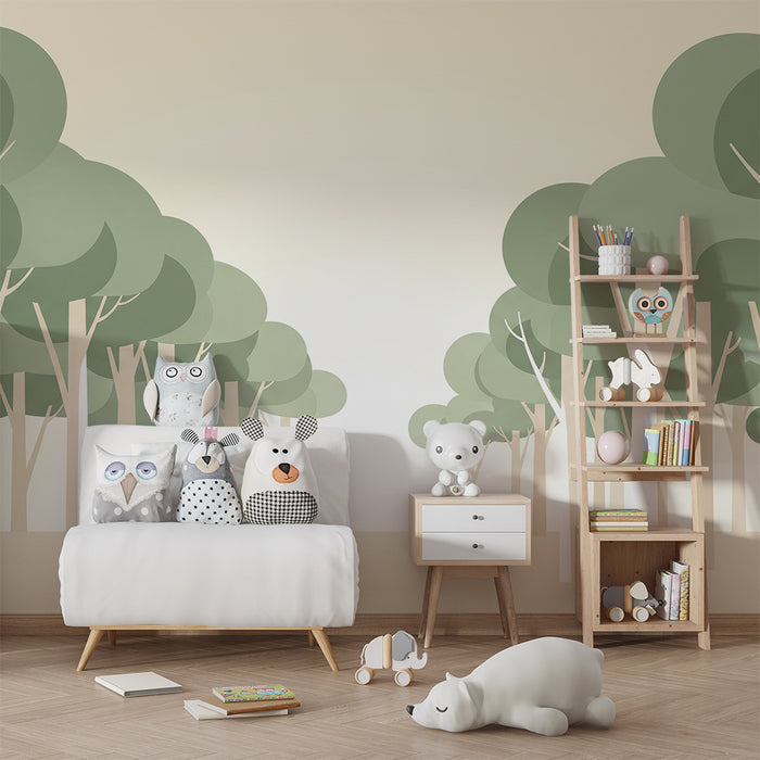 Tapeta do pokoje dítěte | Uklidňující lesní dekor se stylizovanými stromy
