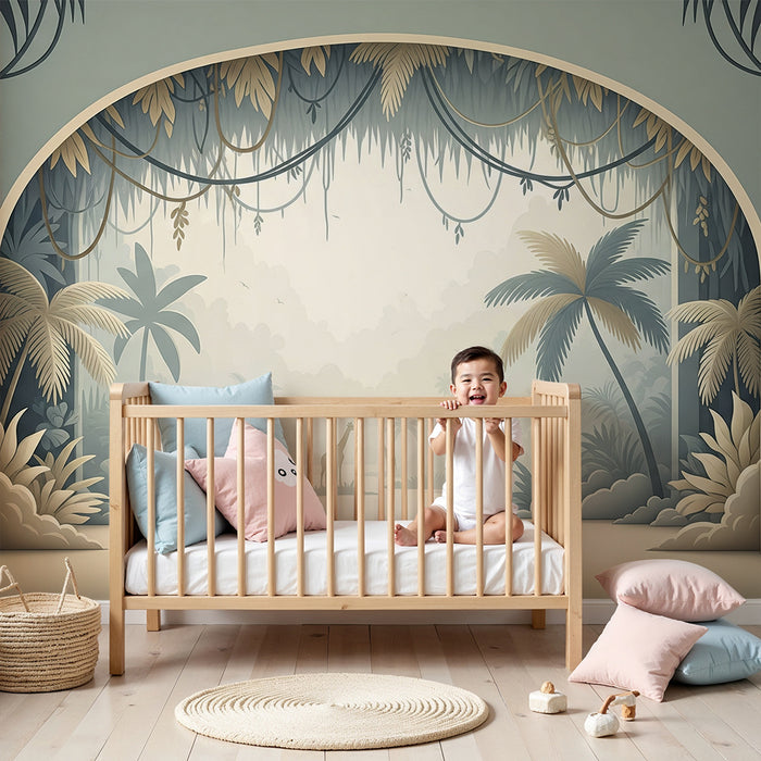 Papier peint chambre enfant | Décor de jungle apaisant avec girafes et feuillage tropical