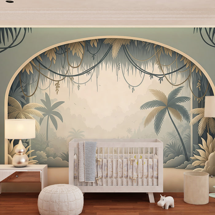 Papier peint chambre enfant | Décor de jungle apaisant avec girafes et feuillage tropical