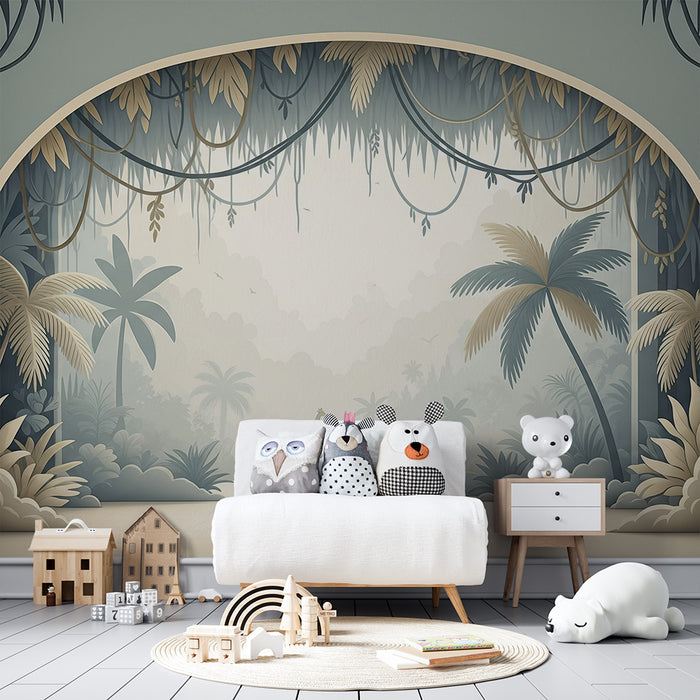 Papier peint chambre enfant | Décor de jungle apaisant avec girafes et feuillage tropical