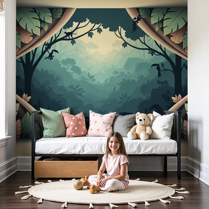 Papel de parede criança | Decoração de selva com animais e folhagem exuberante