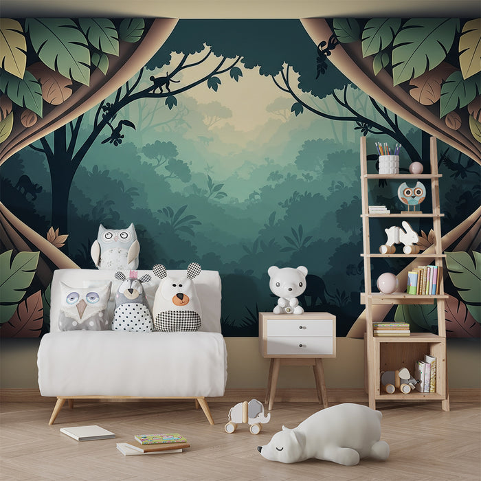 Papel de parede criança | Decoração de selva com animais e folhagem exuberante