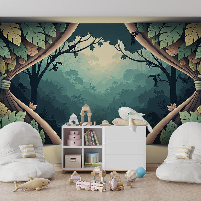 Papel de parede criança | Decoração de selva com animais e folhagem exuberante