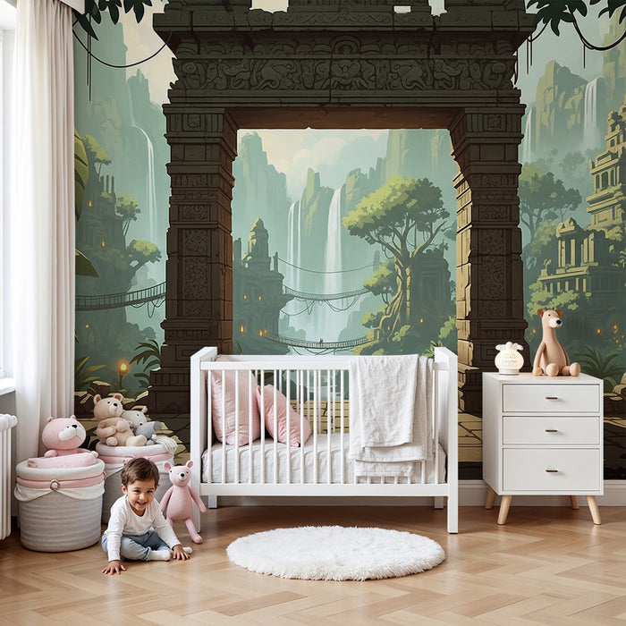 Papel de parede para quarto infantil | Decoração de selva mística com templos antigos e cascatas