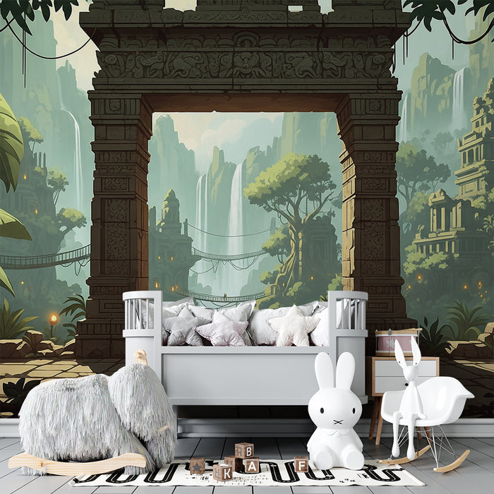 Papel de parede para quarto infantil | Decoração de selva mística com templos antigos e cascatas