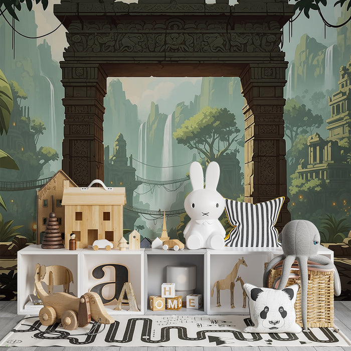 Papel de parede para quarto infantil | Decoração de selva mística com templos antigos e cascatas