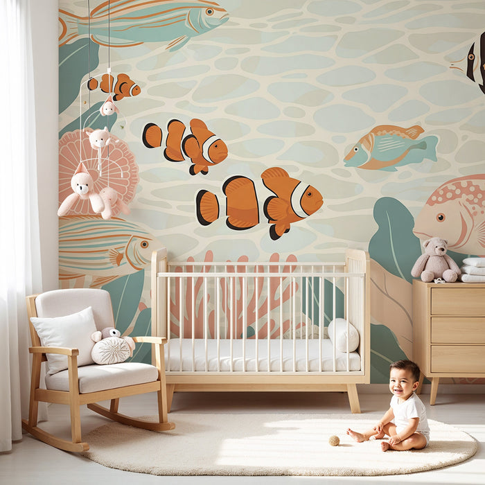 Kinderzimmer Tapete | Warmes Meeresdekor mit tropischen Fischen und bunten Korallen