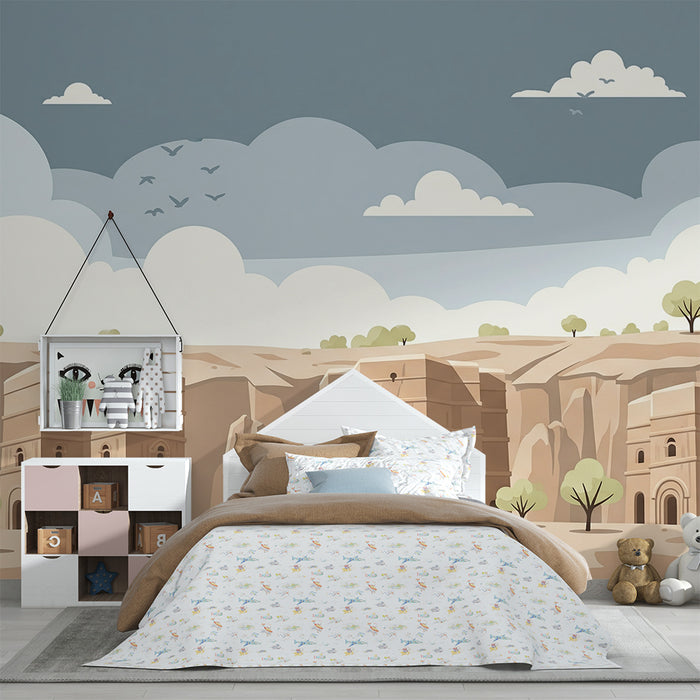 Papier peint chambre enfant | Décor de paysages désertiques avec monuments anciens