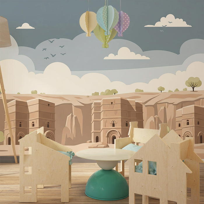 Papier peint chambre enfant | Décor de paysages désertiques avec monuments anciens