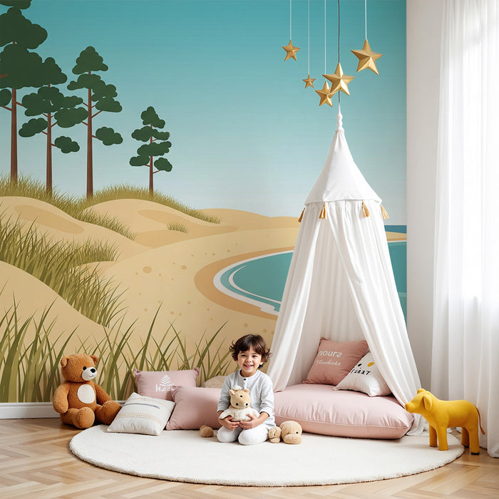 Behang kinderkamer | Zonnig stranddecor met duinen en turquoise zee