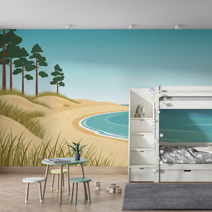 Behang kinderkamer | Zonnig stranddecor met duinen en turquoise zee