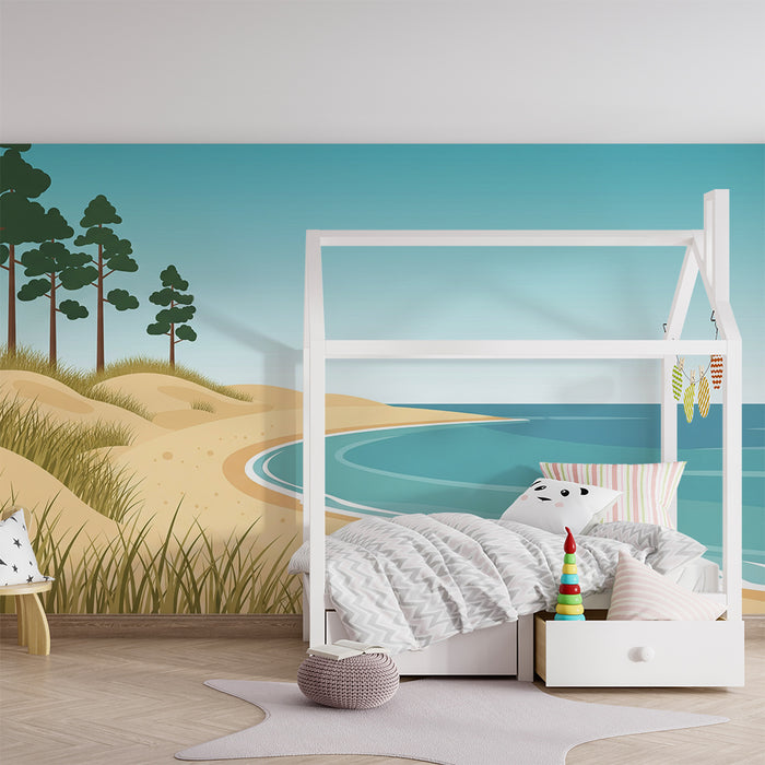 Behang kinderkamer | Zonnig stranddecor met duinen en turquoise zee