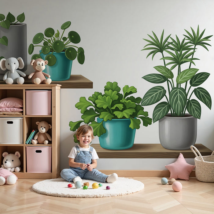 Kids' Room Wallpaper | Colorful Indoor Plants on Wooden Shelves Decor