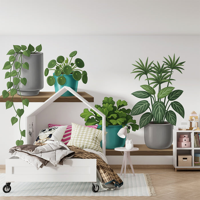 Kids' Room Wallpaper | Colorful Indoor Plants on Wooden Shelves Decor