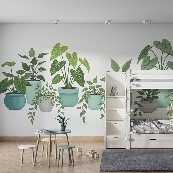 Kids' Room Wallpaper | Lush Indoor Plants in Colorful Pots