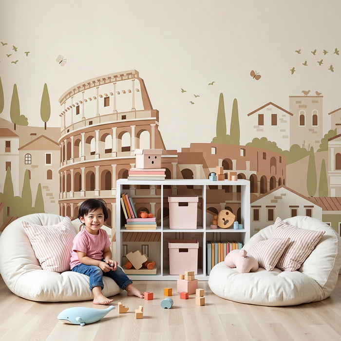 Behang voor kinderkamer | Rome-decor met het Colosseum en kleurrijke huizen