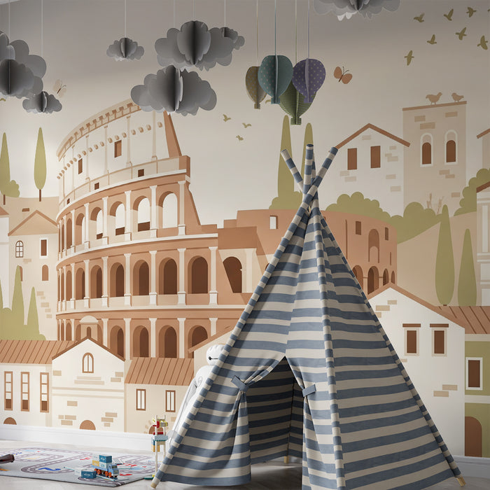 Behang voor kinderkamer | Rome-decor met het Colosseum en kleurrijke huizen