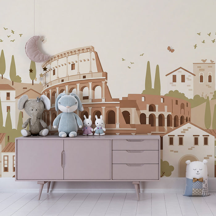 Behang voor kinderkamer | Rome-decor met het Colosseum en kleurrijke huizen