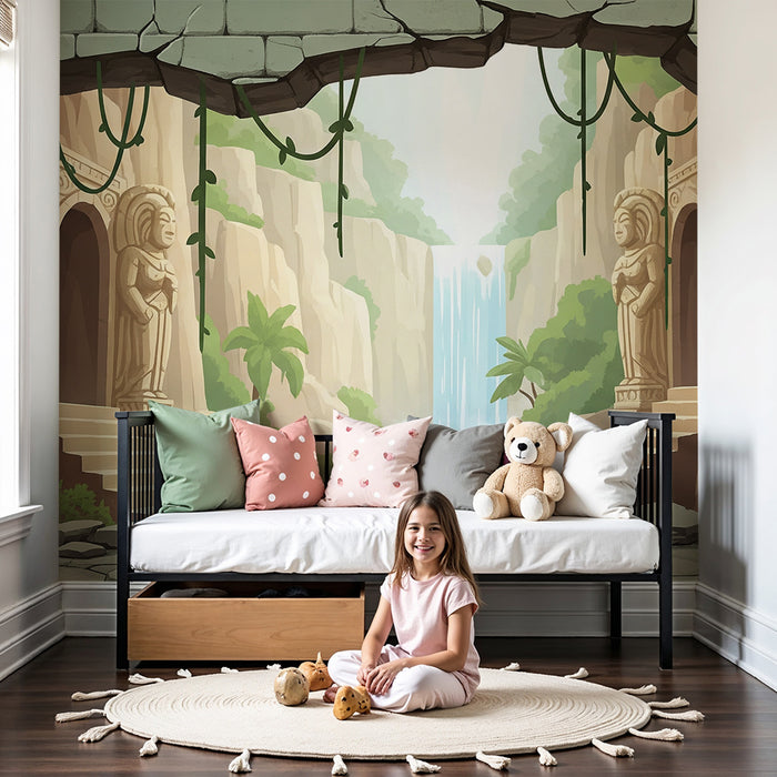 Papel de parede para quarto infantil | Decoração de templo antigo com cascata e vegetação exuberante