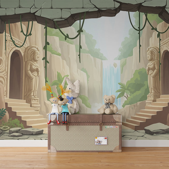 Papel de parede para quarto infantil | Decoração de templo antigo com cascata e vegetação exuberante