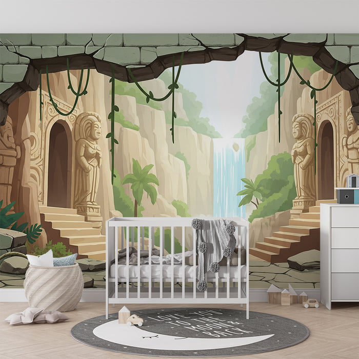 Papel de parede para quarto infantil | Decoração de templo antigo com cascata e vegetação exuberante