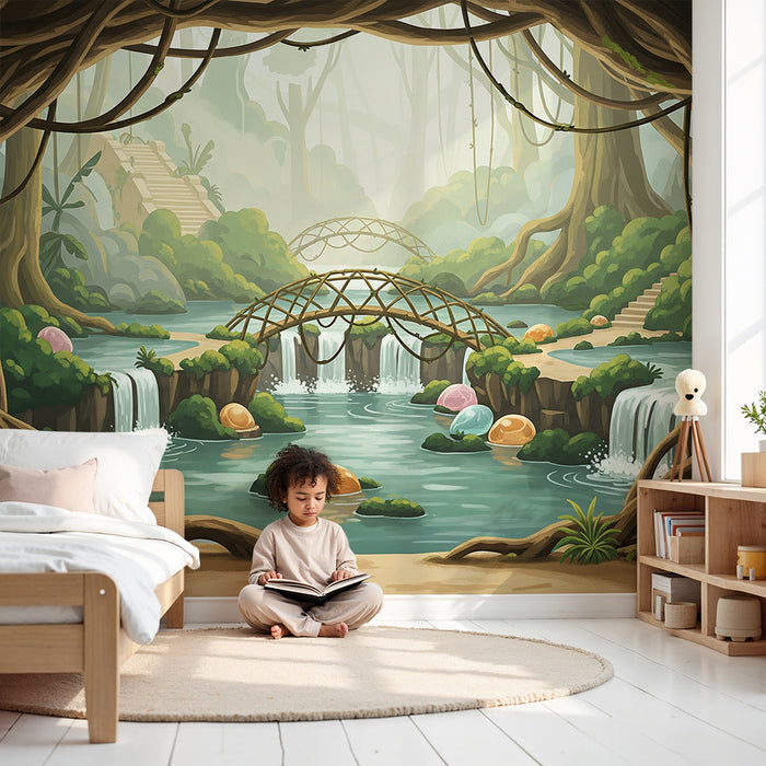 Carta da parati camera bambini | Decorazione incantevole della giungla con cascate e ponti di legno