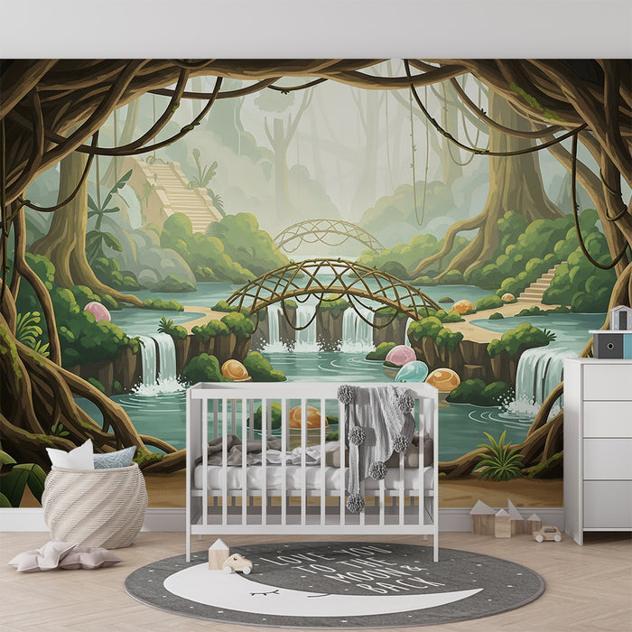 Carta da parati camera bambini | Decorazione incantevole della giungla con cascate e ponti di legno