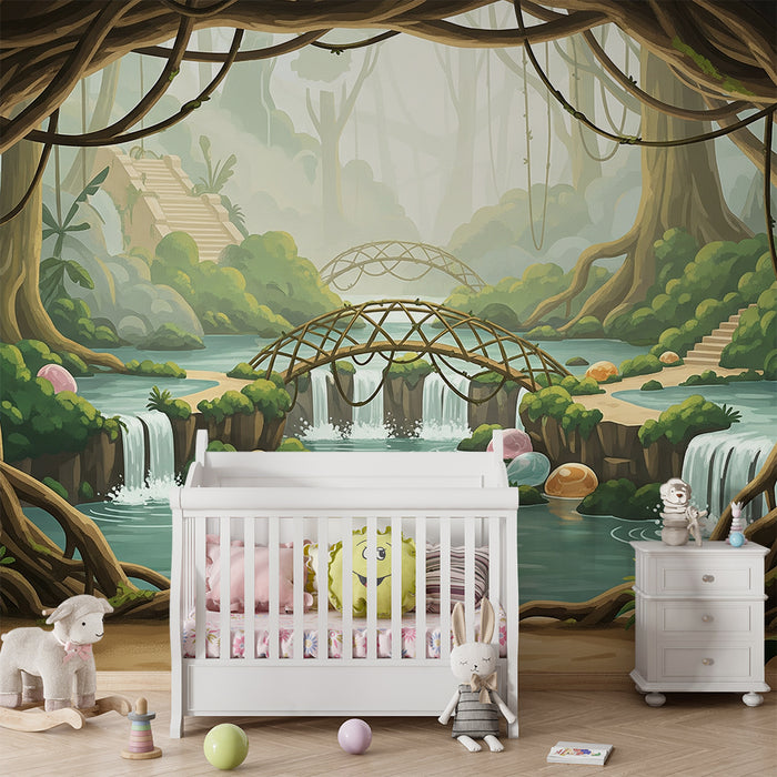 Carta da parati camera bambini | Decorazione incantevole della giungla con cascate e ponti di legno