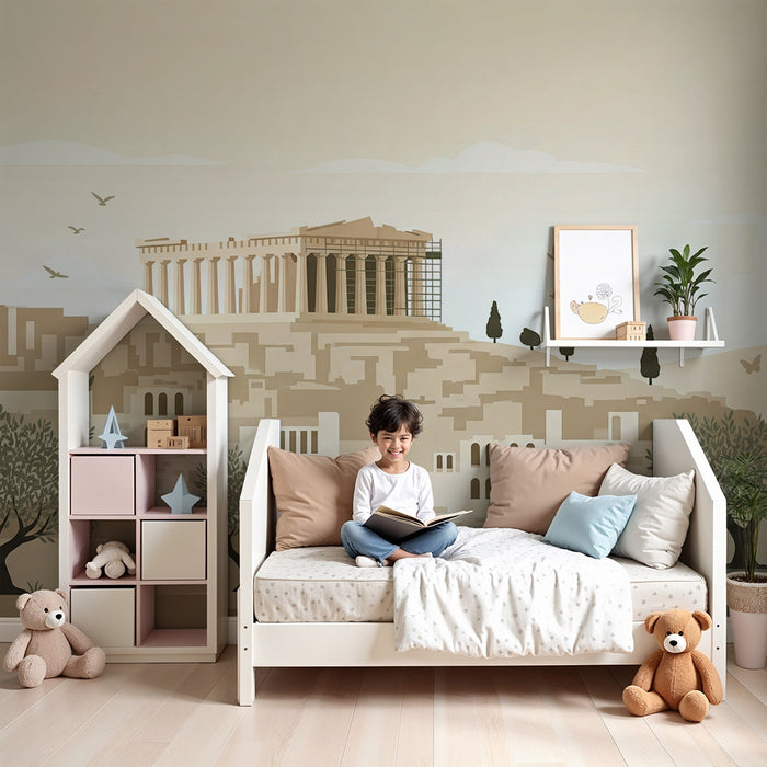 **Barnrumstapet | Akropolis-inspirerad dekoration med lugnande grekiska landskap**