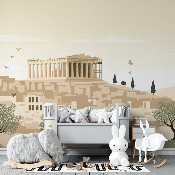 **Barnrumstapet | Akropolis-inspirerad dekoration med lugnande grekiska landskap**