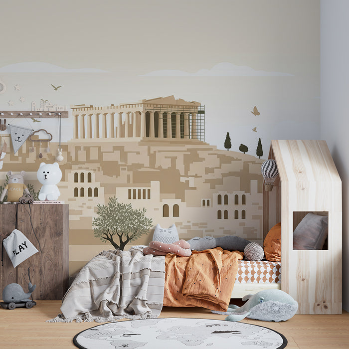 **Barnrumstapet | Akropolis-inspirerad dekoration med lugnande grekiska landskap**