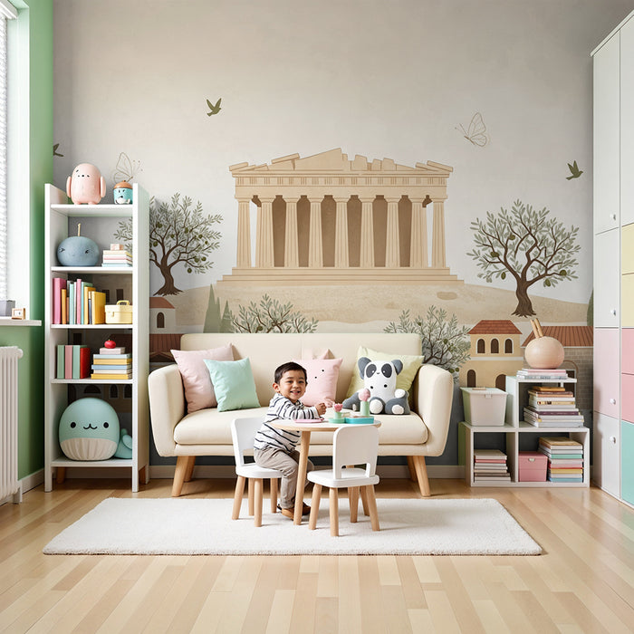 Papel de parede para quarto infantil | Decoração inspirada na Antiguidade com templos e casas mediterrânicas