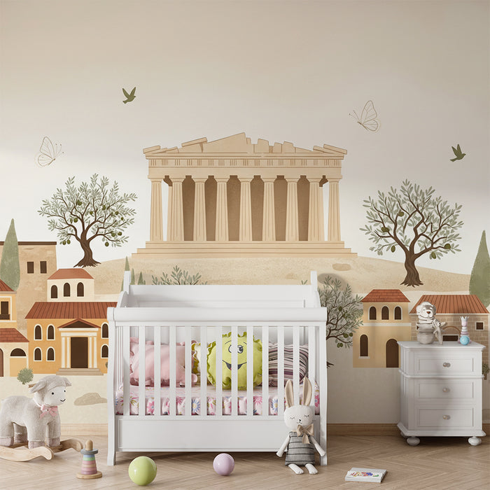Papel de parede para quarto infantil | Decoração inspirada na Antiguidade com templos e casas mediterrânicas